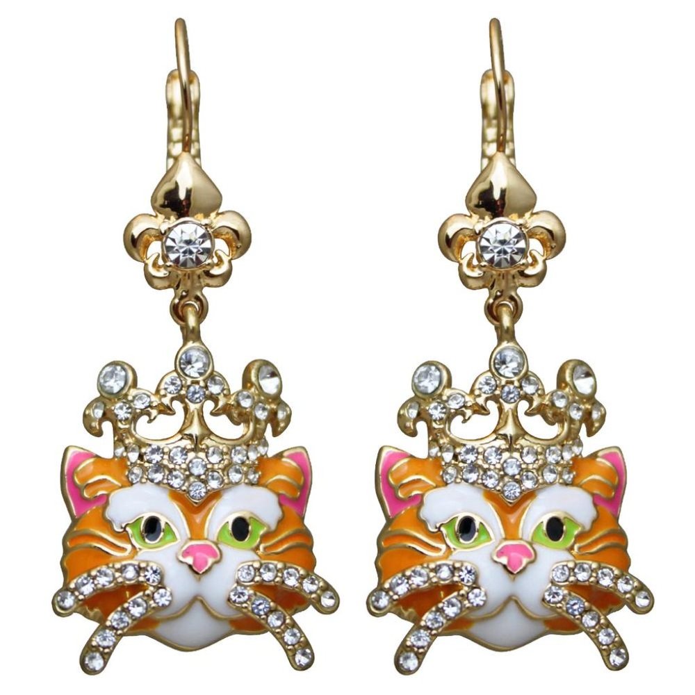 Ritzy Couture Princess Kitty Drop Leverback Cat Earrings (Goldtone)